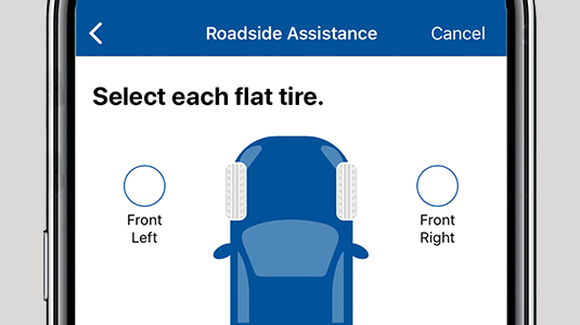 Image of a smartphone screen showing a car from above and lettering reading SELECT EACH FLAT TIRE.