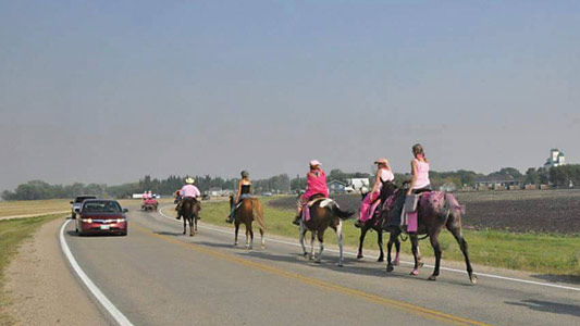 Group of people riding horses down a road with other vehicles.