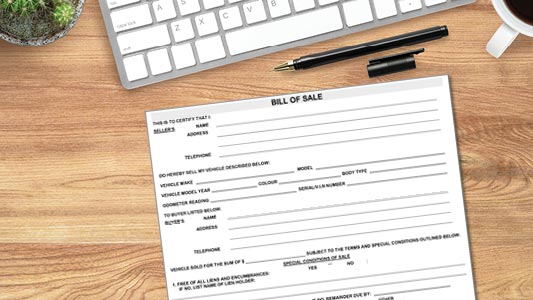 A bill of sale form for a vehicle.