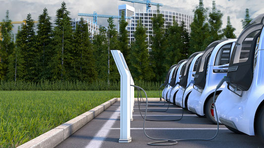 electric vehicles lined up and charging