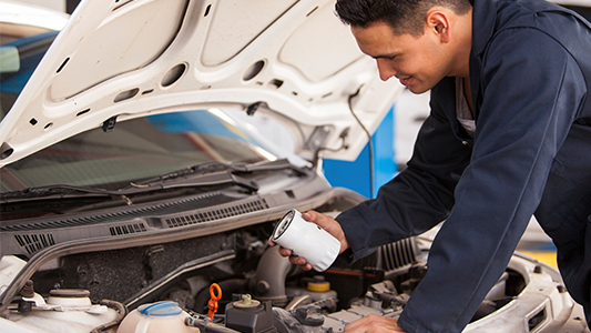 An auto mechanic changing the oil filter under the hood of a car.