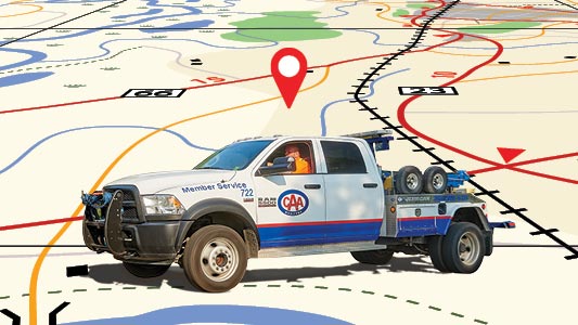 A CAA tow truck picutred on a map.