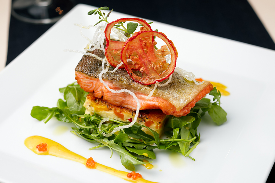 A dish with salmon on top of greens and sliced tomatoes as a topping.