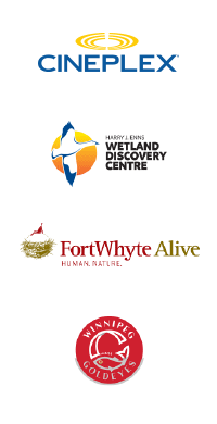 Logos for Cineplex, Wetland Discovery Centre, FortWhyte Alive and Winnipeg Goldeyes