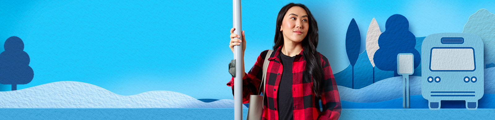 A woman holding onto a pole waiting for the bus