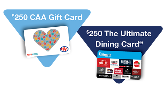 Image graphic showing CAA Gift Card and The Ultimate Dining Card inside stylized triangles.