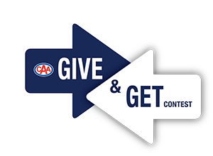 Image graphic showing blue stylized arrow with white letters and CAA logo facing right, and a white arrow with black lettering facing left.