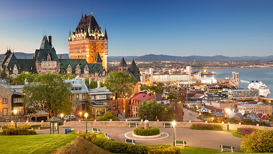 Scenic view of Quebec city overlooking the St Lawrence River.