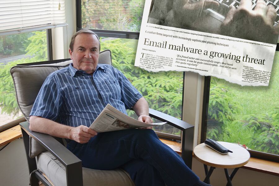 Photo showing man in blue shirt sitting in chair, holding newspaper. Image inset show newspaper headline with the words "Email malware a growing threat." 