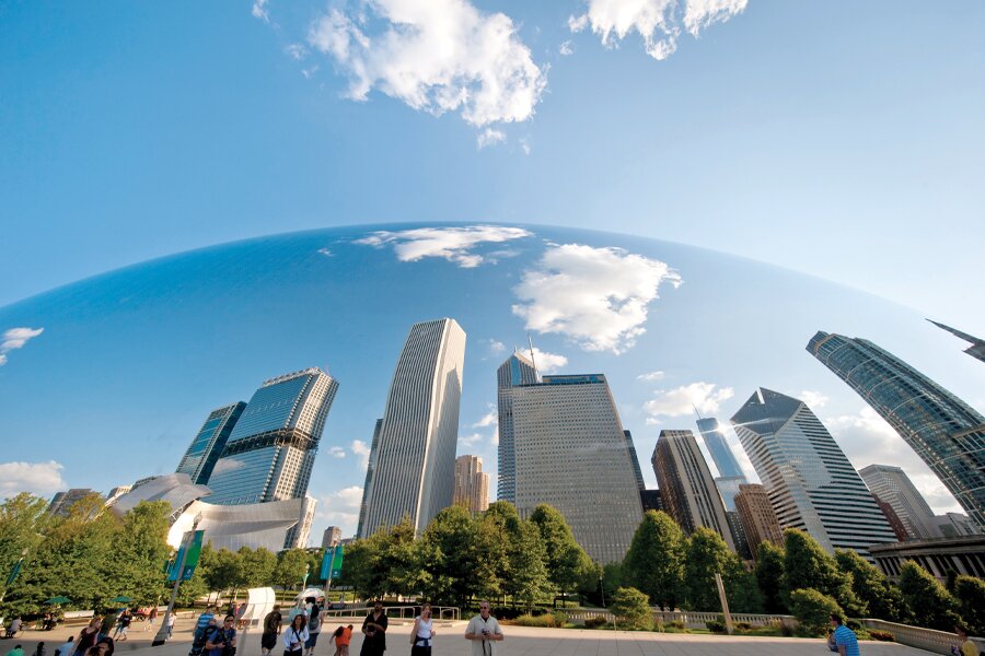 Image of Chicago skyline taken with a fish-eye lens.