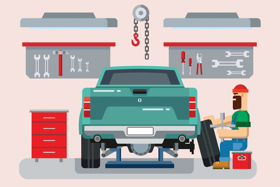Animated graphic showing a stylized home garage with a man changing a tire on his pickup truck.