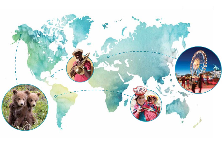 Animated graphic showing stylized map of the world with photo pop-up's of exotic destinations.