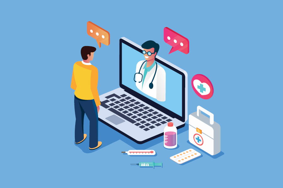 Animated graphic showing a patent standing in front of a doctor whose office is a laptop computer.