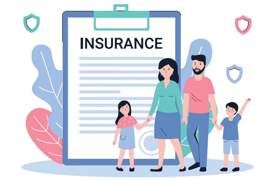 Image graphic showing two adults, two children holding hands with stylized insurance checklist on a clipboard in the background.