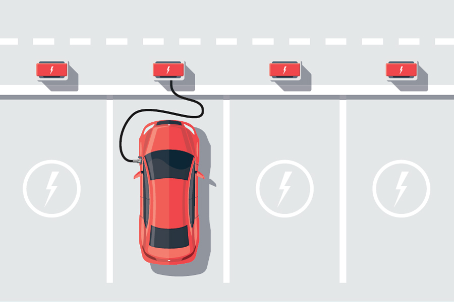 Stylized image graphic showing a single electric car plugged into a charging station in a parking lot. 