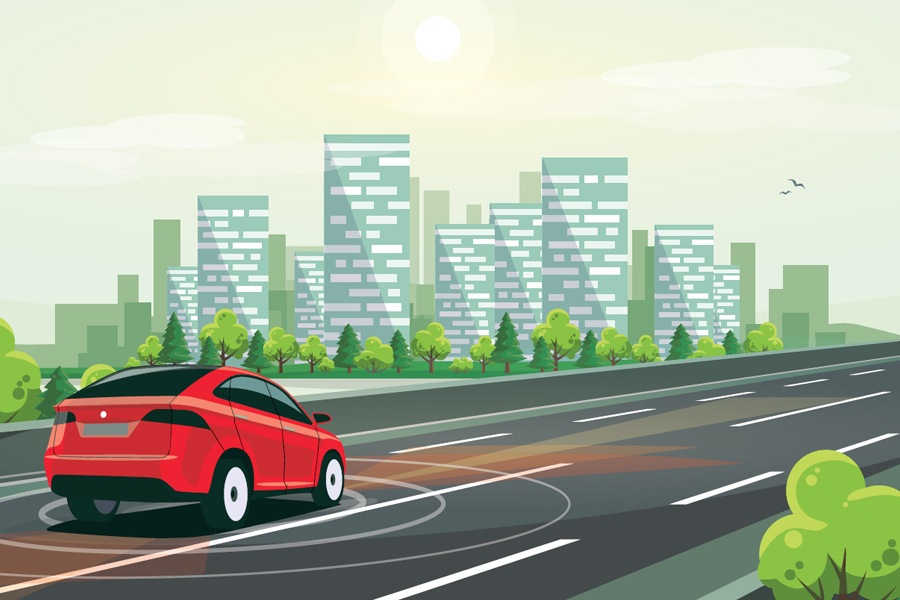 Stylized image graphic showing electric car on highway with city skyline backdrop.