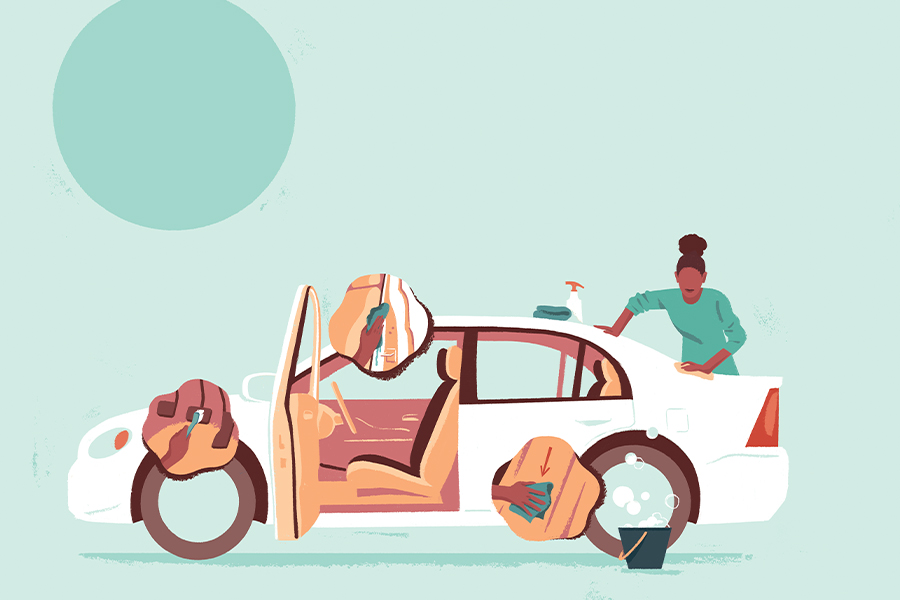 Stylized image graphic showing woman polishing car exterior.