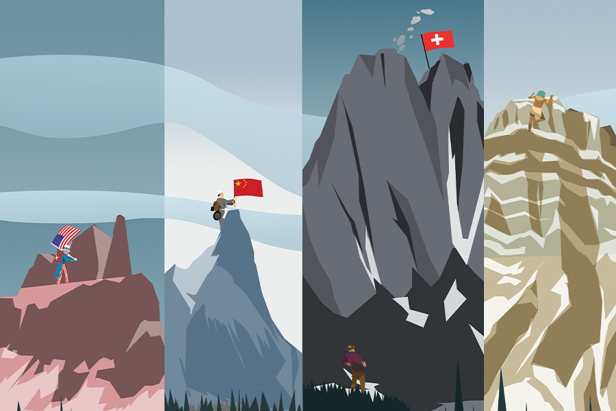 Image graphic showing four separate stylized mountain peaks with figures and flags.