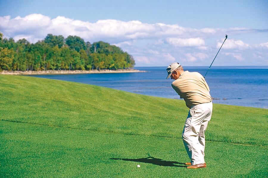 Image showing man golfing beside picturesque lake scene.