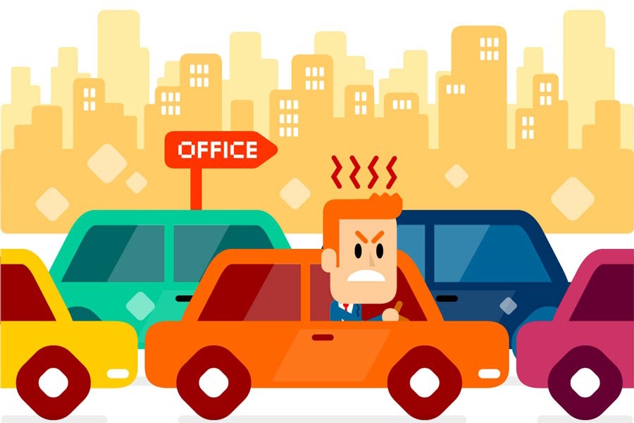 Animated graphic showing city scape and cars in background with figure of fuming red-headed male in foreground.