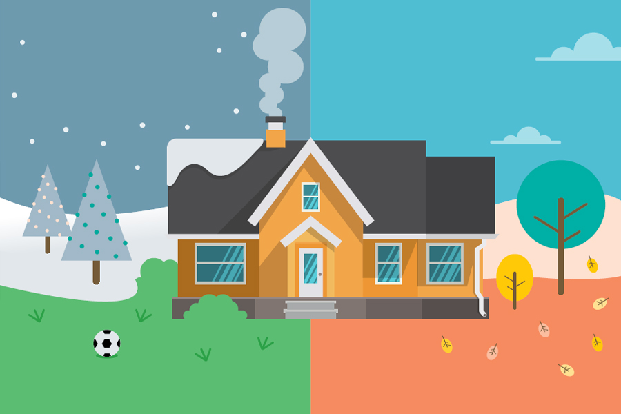 Animated graphic featuring a stylized home with the background divided to show the four seasons.