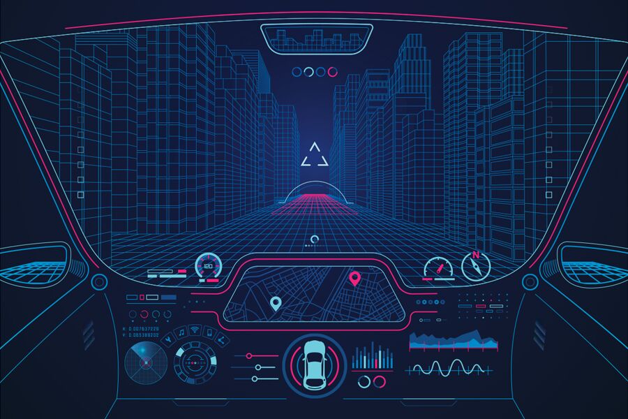 Animated graphic featuring a stylized, sci-fi-like high-tech vehicle dashboard of the future.