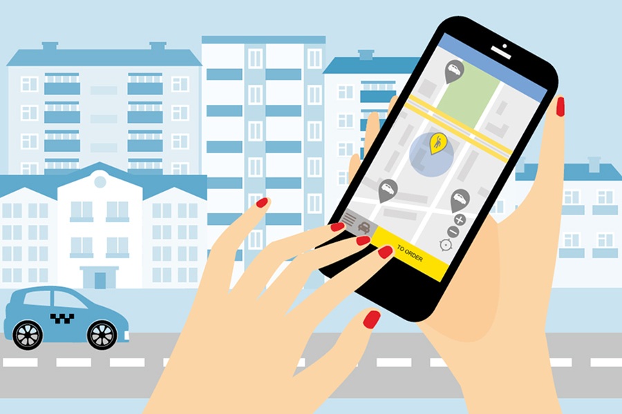 Animated graphic showing a city scape and small car in the background, with two hands maniuplating a cellphone screen in the foreground.