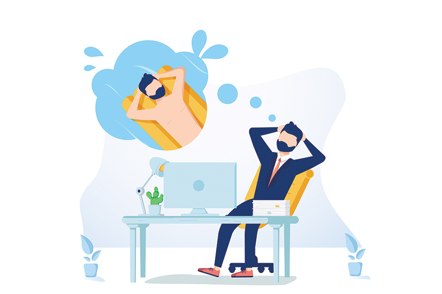Image graphic showing man at desk leaning back and dreaming of floating in the water on an air matress.