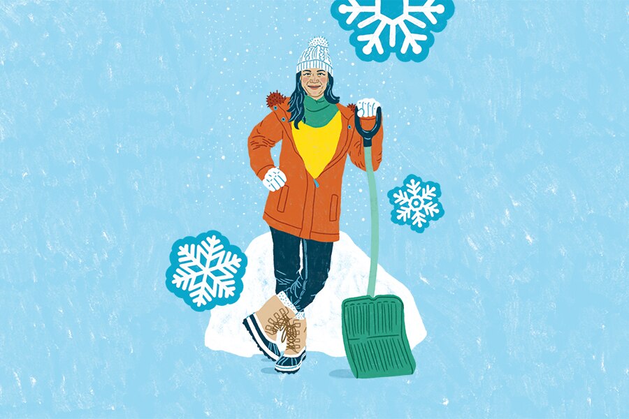 Image graphic showing woman leaning on snow shovel with feet crossed and stylized snowflakes in the air.