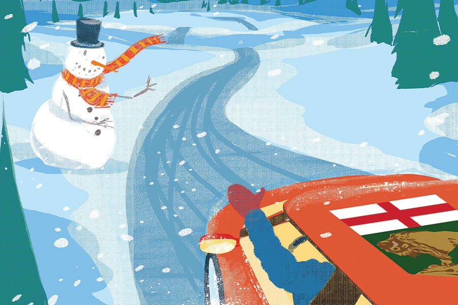Image graphic showing a smiling snowman on the side of the road being approached by a car with a Manitoba flag on the roof as the driver waves. 