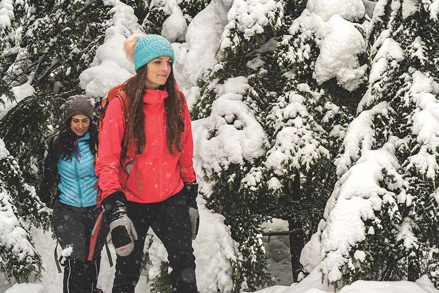 Image showing two young women walking through a snowy forest landscape.