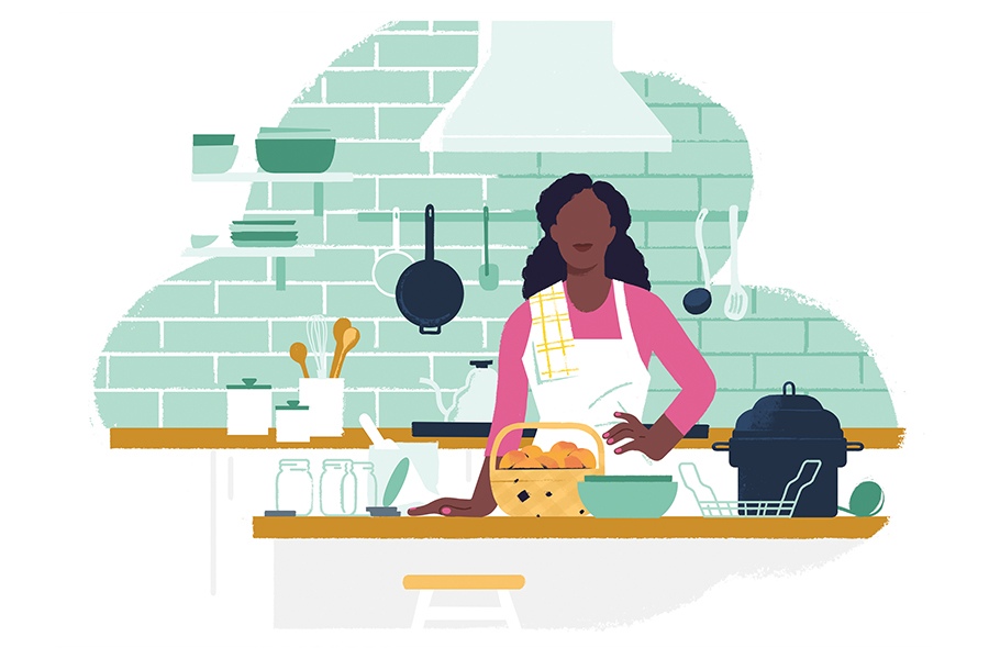 Animated image showing a woman wearing an apron and standing at a cooking table in the kitchen.