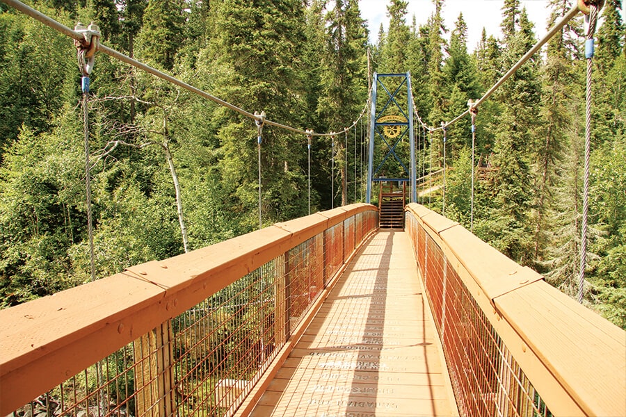 Image showing newer-looking wooden suspension bridge with forest in background.