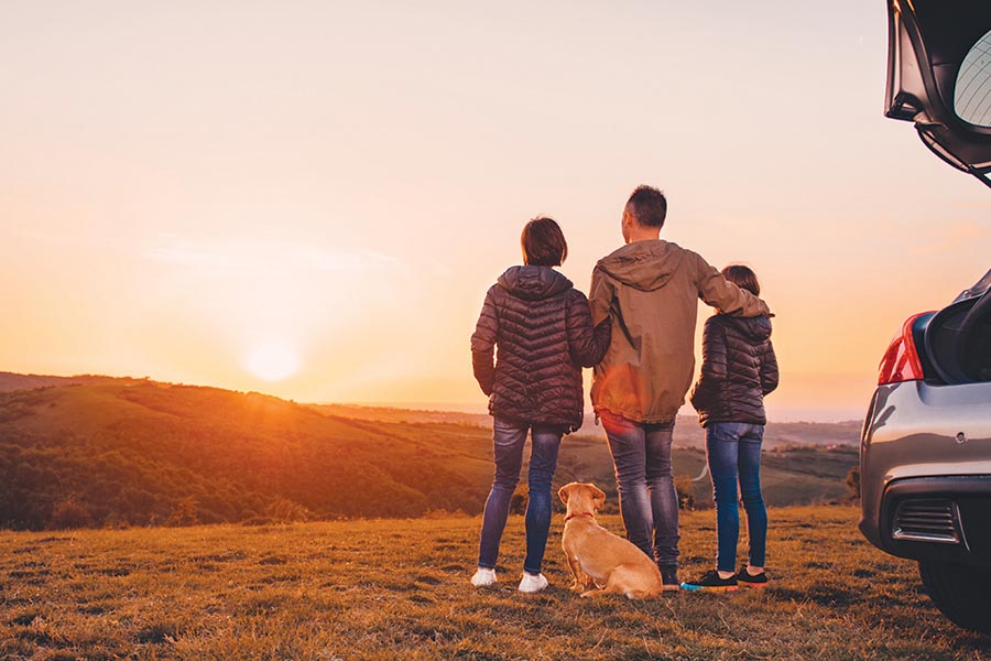 Image showing couple with dog and young teen looking at a setting sun in the distance.