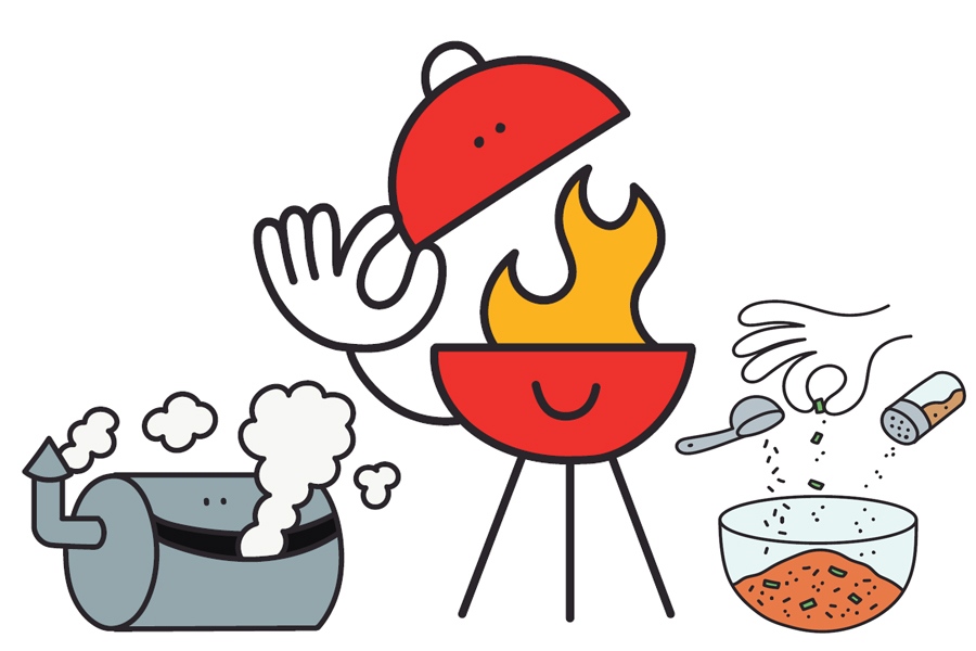Animated graphic showing a Barbecue, meat smoker and a glass bowl with spices in it.