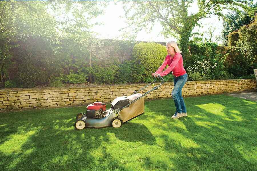 Image showing a woman pushing a lawn mower around her backyard.
