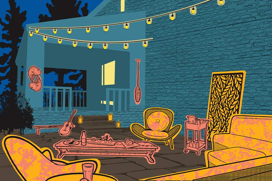 Animated graphic showing a stylized version of an outside patio with furniture and lights.