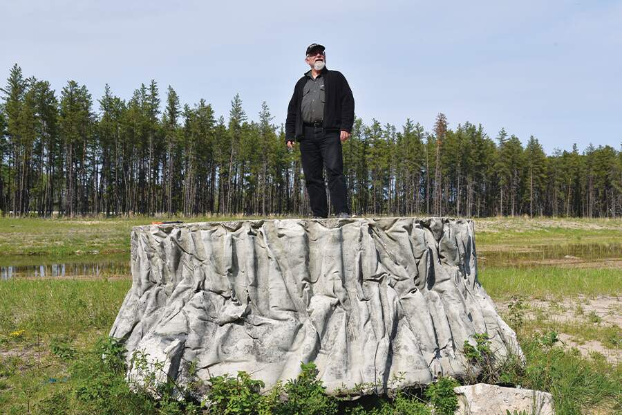 Image showing a man standing on top of a large concrete structure molded to look like a tree stump.