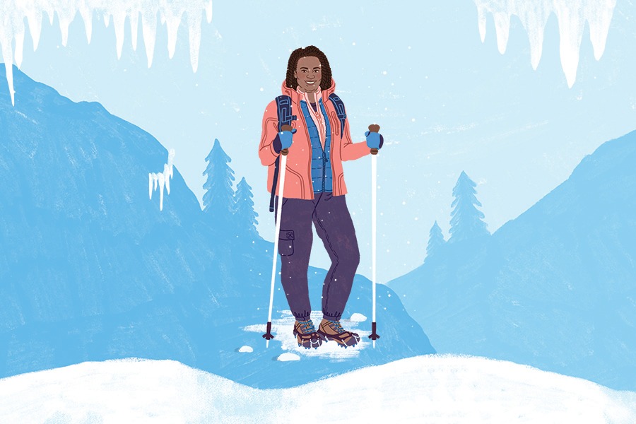 Image showing a colour illustration of a woman in winter hiking gear.