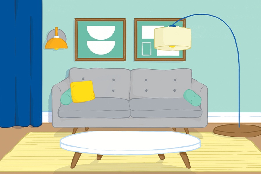 Colour illustration of a typical living room with furniture.