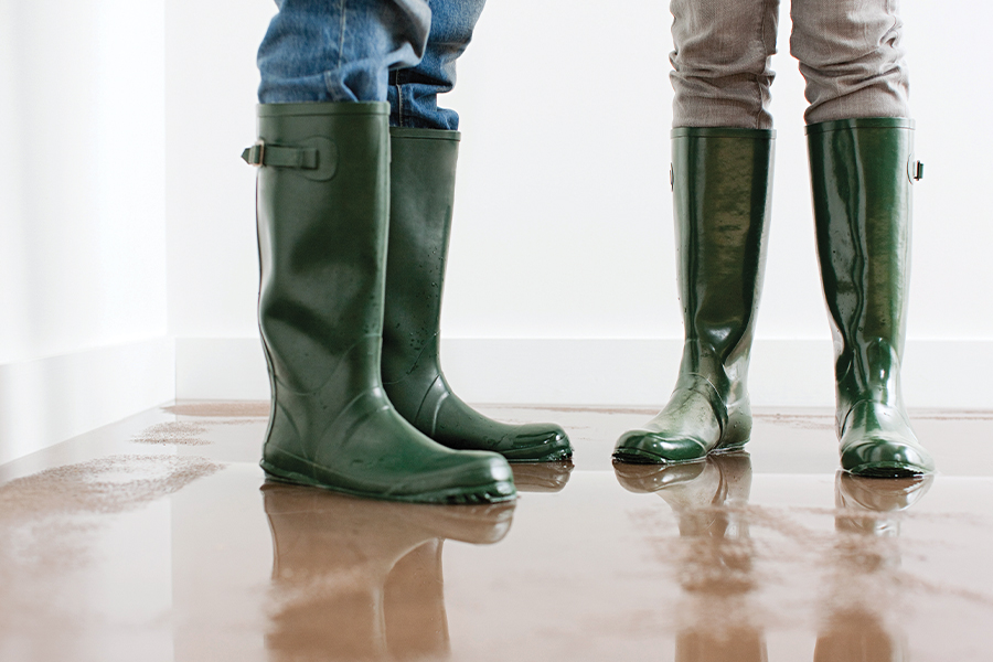 Closeup of rubber boots being worn by two people.