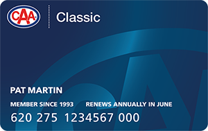 CAA Manitoba Classic membership card in blue with CAA logo in upper left hand corner.