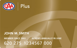 CAA Manitoba Plus membership card in gold colour, with CAA logo in upper left hand corner and word Plus in white lettering. 