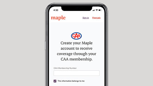 A mobile phone screen displaying the Maple Virtual Care registration form for CAA Members.