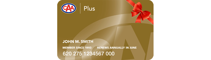 A CAA Plus Membership card with a red bow wrapped around the top right corner.