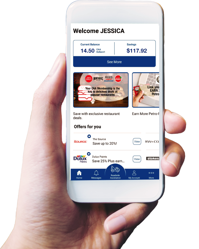 Image showing hand holding mobile device with screen showing CAA mobile app.