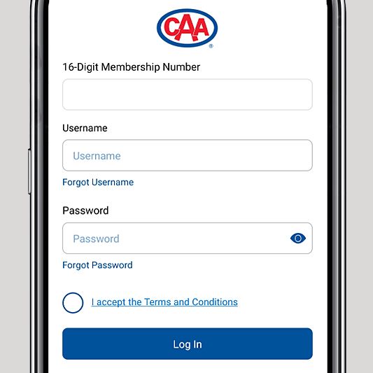 CAA Mobile App recovery login page.