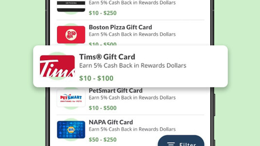 Phone featuring close up of CAA Mobile App Gift Cards screen.