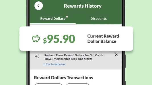 Phone featuring close up of CAA Mobile App Reward History screen.
