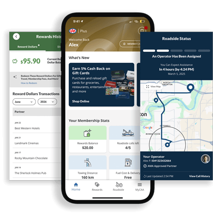 Phone featuring the CAA Mobile App Home screen, Reward History screen, Roadside Status screen.
